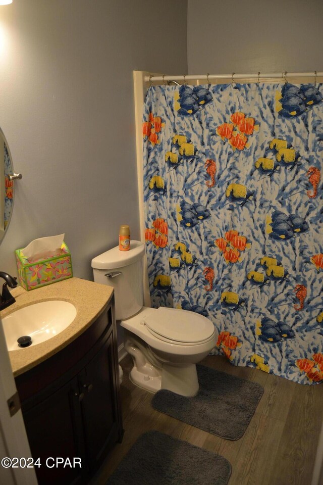 848 Helen Ave, Panama City, FL 32401 - full bath featuring wood finished floors, vanity, toilet, and a shower with shower curtain