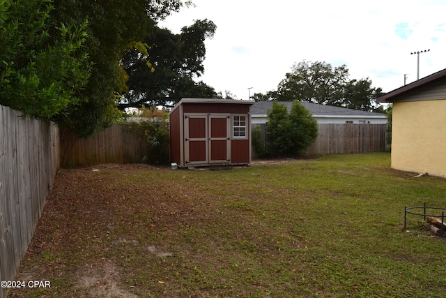 view of yard with a storage shed