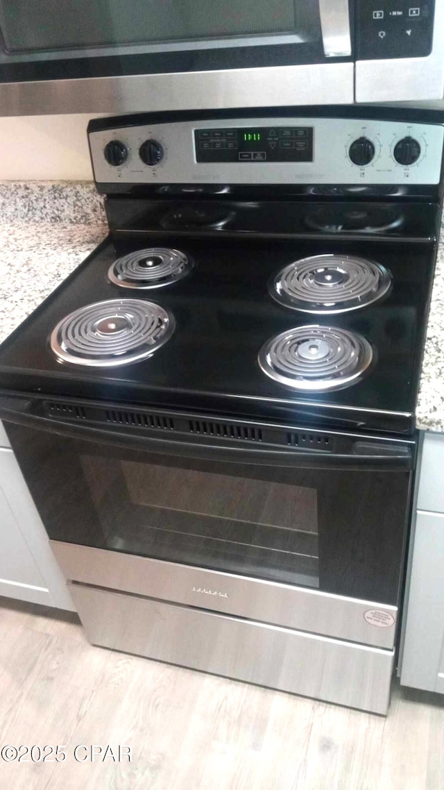 details with stainless steel electric stove and light hardwood / wood-style flooring