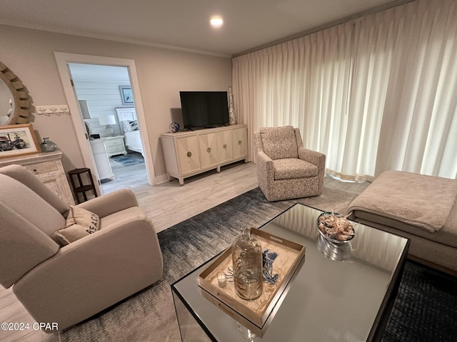 living room featuring crown molding and light hardwood / wood-style flooring