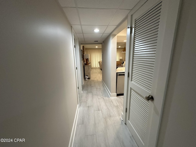 hallway featuring a drop ceiling and light hardwood / wood-style floors