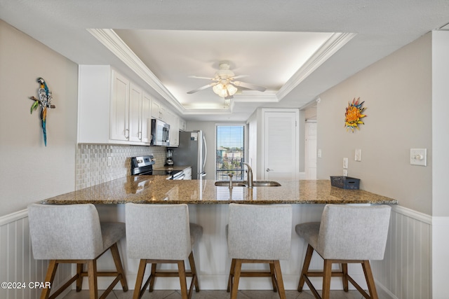 kitchen featuring kitchen peninsula, appliances with stainless steel finishes, a raised ceiling, sink, and white cabinets