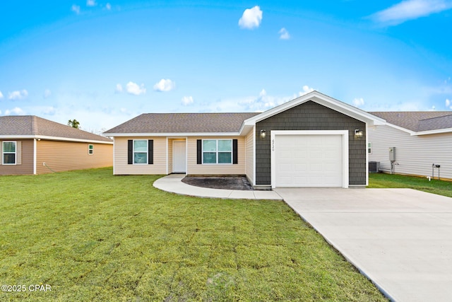 ranch-style house with cooling unit, a garage, and a front lawn