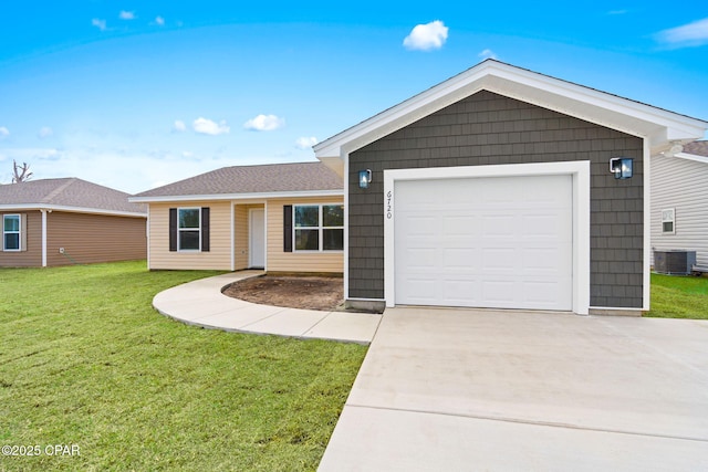 ranch-style house with a garage, a front lawn, and central air condition unit