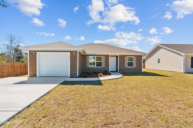 single story home featuring a front yard, fence, driveway, and an attached garage