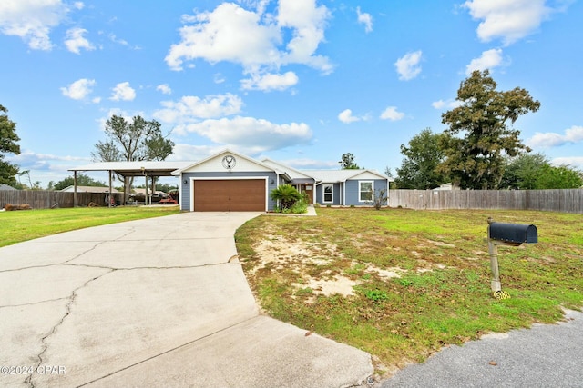 ranch-style home featuring a front yard and a garage