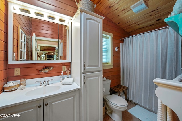 bathroom with lofted ceiling, tile patterned floors, wooden walls, toilet, and wood ceiling