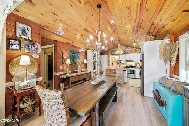 dining area with lofted ceiling, an inviting chandelier, wooden walls, light hardwood / wood-style floors, and wood ceiling