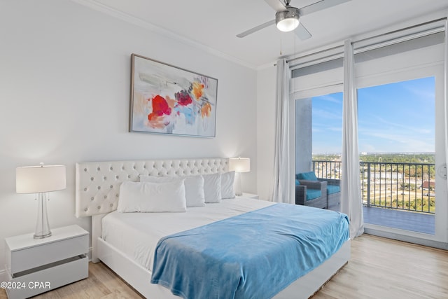 bedroom with access to outside, ceiling fan, crown molding, and light wood-type flooring