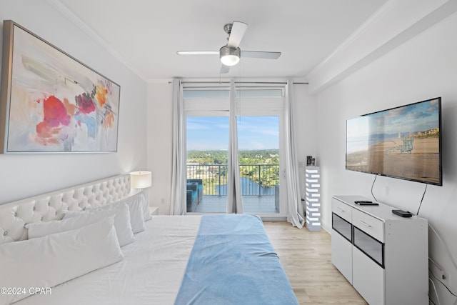 bedroom with ceiling fan, light hardwood / wood-style floors, crown molding, and access to outside