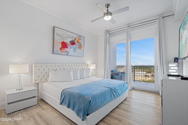 bedroom with access to exterior, light hardwood / wood-style floors, ceiling fan, and ornamental molding