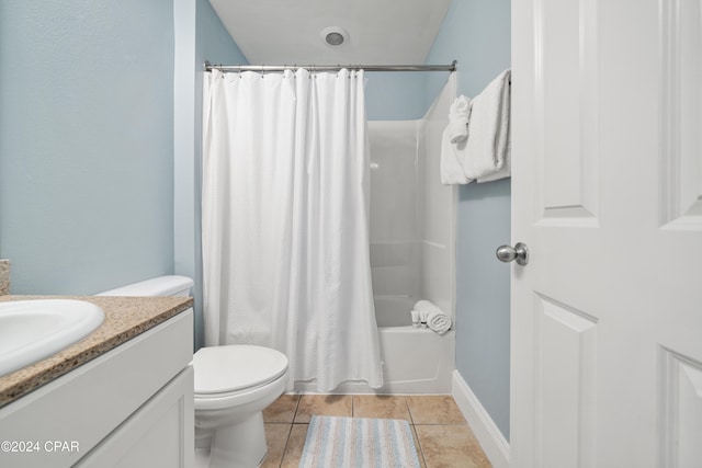 full bathroom with tile patterned flooring, vanity, toilet, and shower / tub combo with curtain