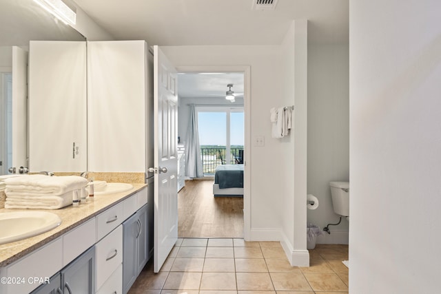 bathroom featuring tile patterned flooring, vanity, toilet, and ceiling fan