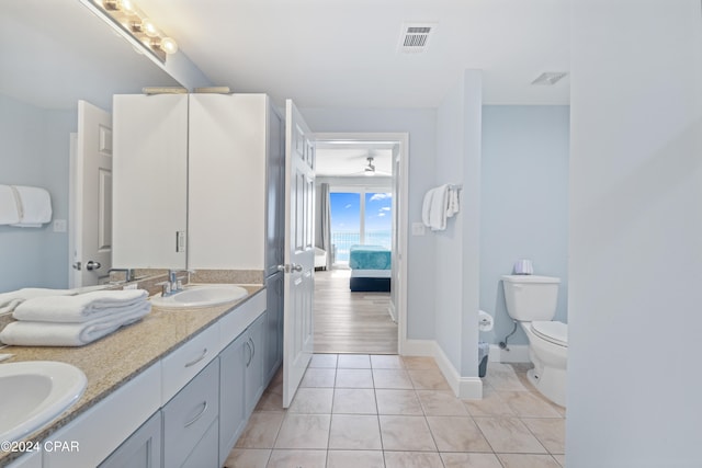 bathroom with tile patterned flooring, vanity, and toilet