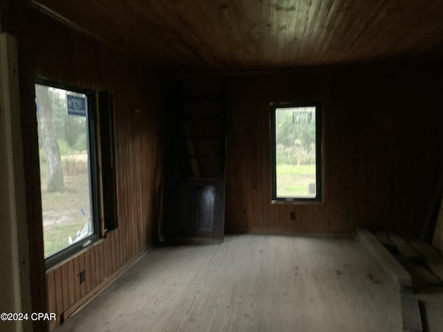 spare room with a healthy amount of sunlight, light wood-type flooring, wood ceiling, and wooden walls