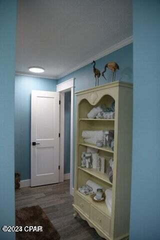 corridor with crown molding and dark hardwood / wood-style floors