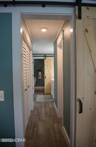 corridor with a barn door and dark hardwood / wood-style floors