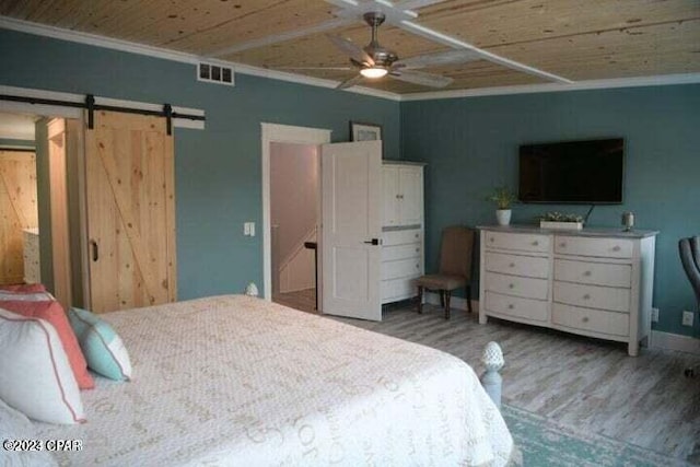 bedroom with crown molding, wooden ceiling, hardwood / wood-style flooring, ceiling fan, and a barn door