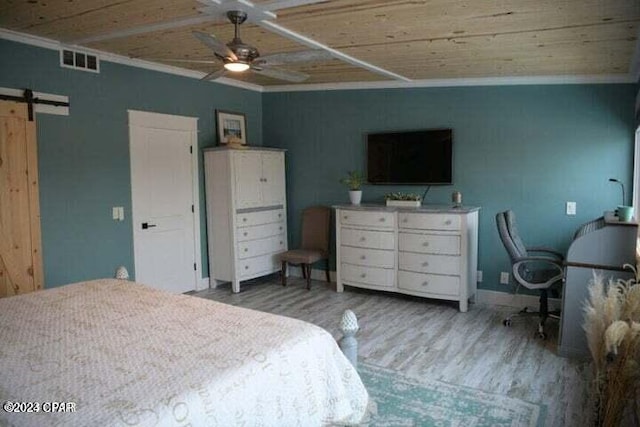 bedroom with hardwood / wood-style flooring, ornamental molding, a barn door, and wood ceiling