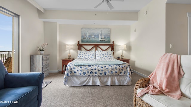 bedroom featuring carpet flooring, multiple windows, ceiling fan, and access to outside