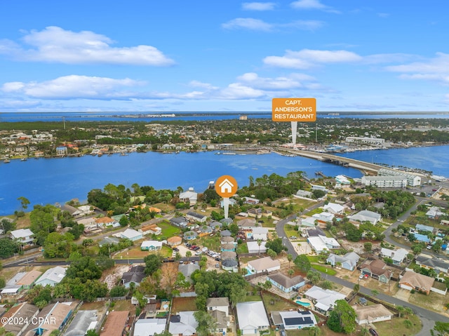 drone / aerial view with a water view