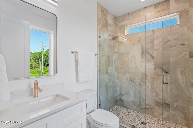 bathroom featuring an enclosed shower, vanity, and toilet