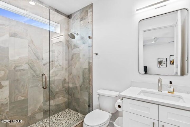 bathroom featuring vanity, toilet, and a shower with shower door