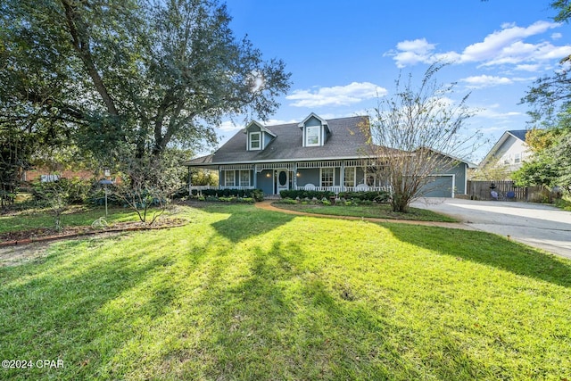 cape cod house featuring a garage, covered porch, and a front lawn