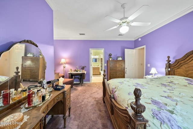 carpeted bedroom featuring ceiling fan, crown molding, and ensuite bathroom