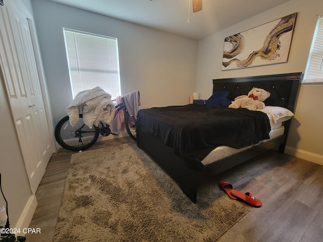 bedroom featuring ceiling fan, a closet, and hardwood / wood-style floors