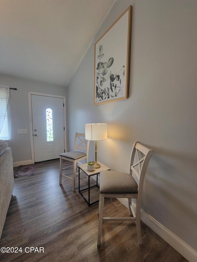 foyer entrance featuring a healthy amount of sunlight, dark hardwood / wood-style flooring, and vaulted ceiling