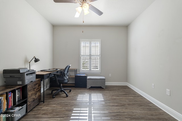 office space featuring dark hardwood / wood-style floors and ceiling fan