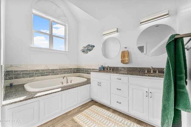 bathroom featuring a washtub, wood-type flooring, and vanity