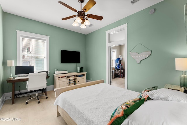 bedroom with ceiling fan and light hardwood / wood-style floors