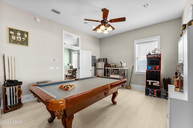 game room featuring ceiling fan, light hardwood / wood-style floors, and billiards