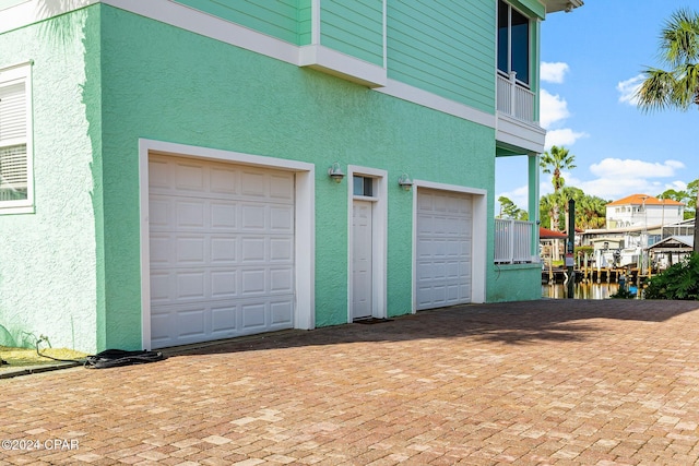 garage featuring a water view