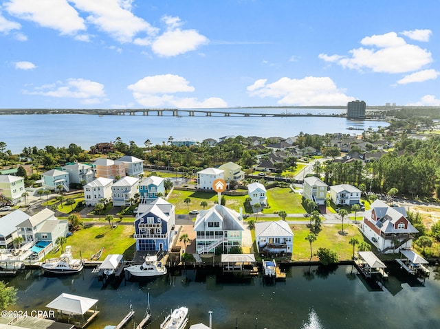 bird's eye view with a water view