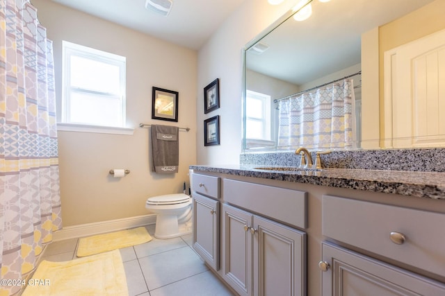 bathroom with visible vents, baseboards, toilet, tile patterned flooring, and vanity