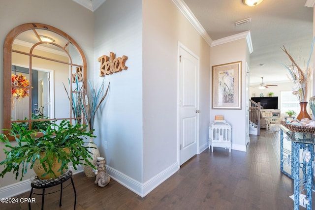 hall featuring dark wood-type flooring, visible vents, crown molding, and baseboards