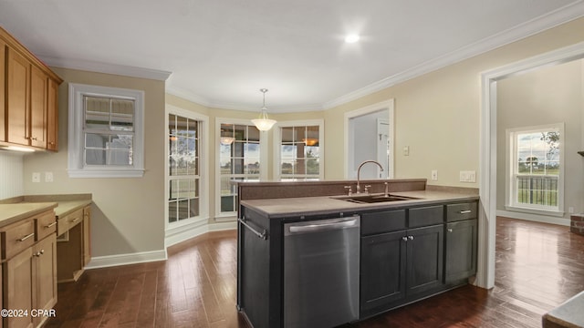 kitchen featuring dishwasher, dark hardwood / wood-style flooring, sink, hanging light fixtures, and ornamental molding