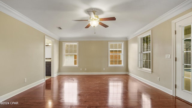 interior space with ceiling fan, crown molding, and hardwood / wood-style flooring