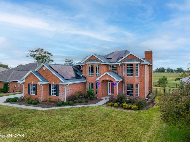 view of front facade featuring a front lawn and solar panels