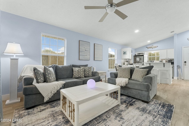 living area featuring a healthy amount of sunlight, light wood-style flooring, and vaulted ceiling