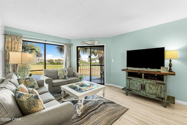 living room featuring a textured ceiling