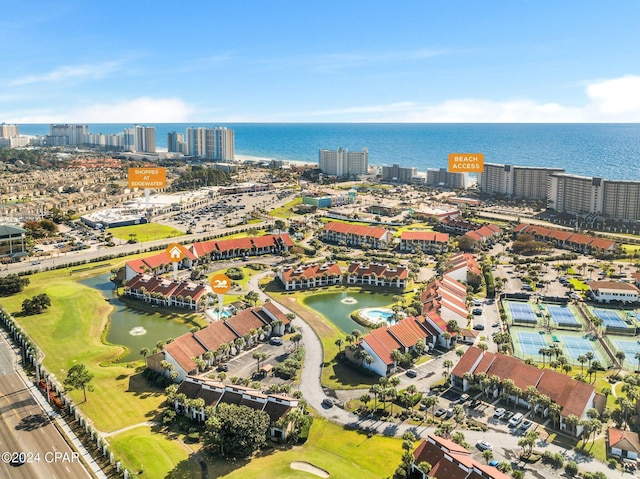 bird's eye view with a water view