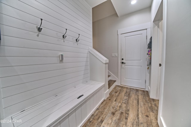 mudroom featuring dark wood-type flooring