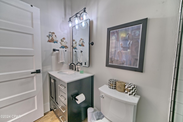 bathroom featuring vanity, wood-type flooring, and toilet