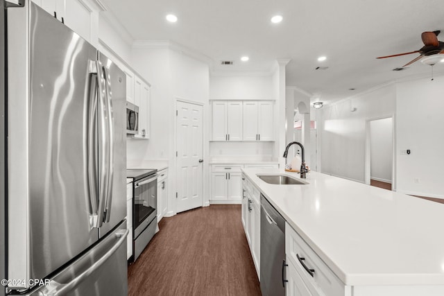 2405 Camryns Xing, Panama City, FL 32405 - kitchen with a sink, ornamental molding, a ceiling fan, dark wood finished floors, and stainless steel appliances