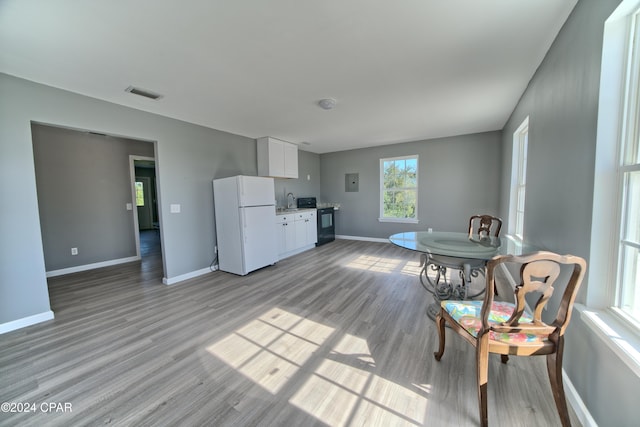 living area with light hardwood / wood-style flooring and sink