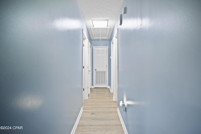 18496 NE Live Oak Ln, Blountstown, FL 32424 - hall featuring a textured ceiling, attic access, light wood-style floors, baseboards, and visible vents